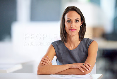 Buy stock photo Woman, desk and portrait in office with document, planning and serious for creative employee. Crossed arms, manager and admin for interior designer, professional and lookbook for project paperwork