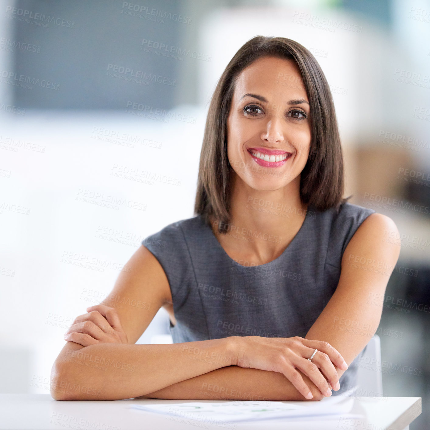 Buy stock photo Woman, desk and portrait in office, planning and smile for creative employee. Happy, confidence and arms crossed for admin for architect and designer, professional and lookbook documents for project