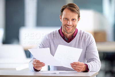 Buy stock photo Business man, document and portrait in office for cv review, recruitment process or job interview. Smile, human resources and manager with paperwork at design agency for resume, hiring or onboarding