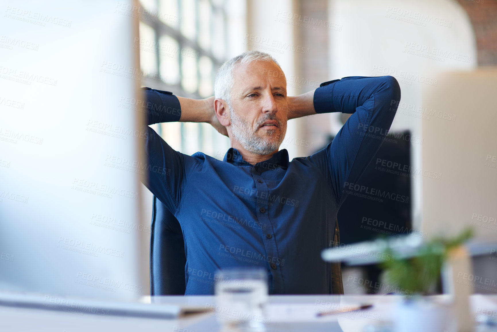 Buy stock photo Mature, businessman and relax in office with laptop in chair for reading, comfortable and research by workspace. Professional, CEO and stretching for corporate project, productivity and planning