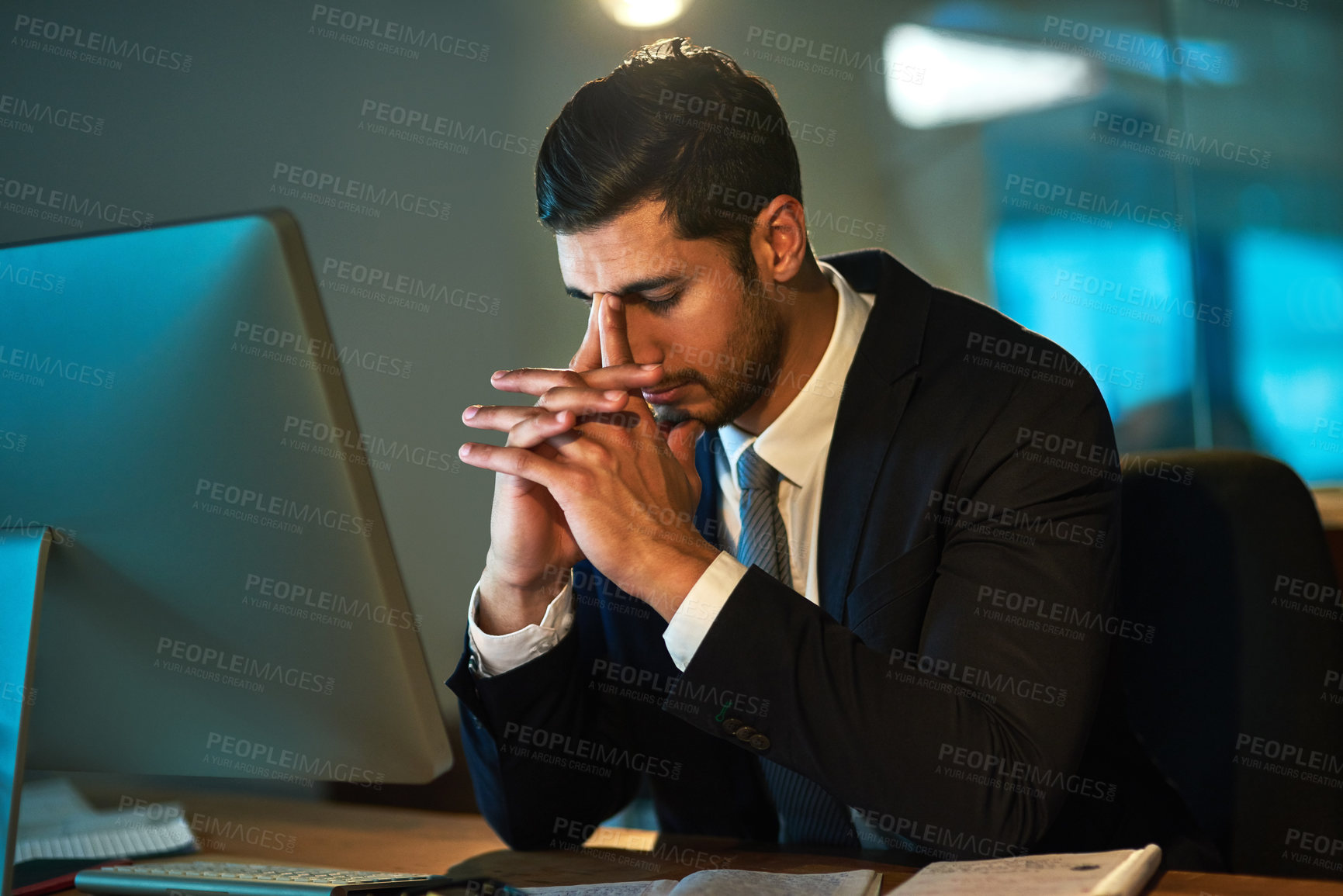 Buy stock photo Stress, headache and frustrated accountant at night in office with mistake or error on computer. Finance, man and brain fog from burnout with migraine or anxiety for late deadline on audit of tax