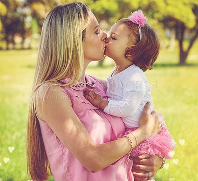 Buy stock photo Mother, baby girl and park with kiss for love on vacation, family bonding and care. Woman, child and together in nature with lips for connection or nurture, growth and support on holiday in England