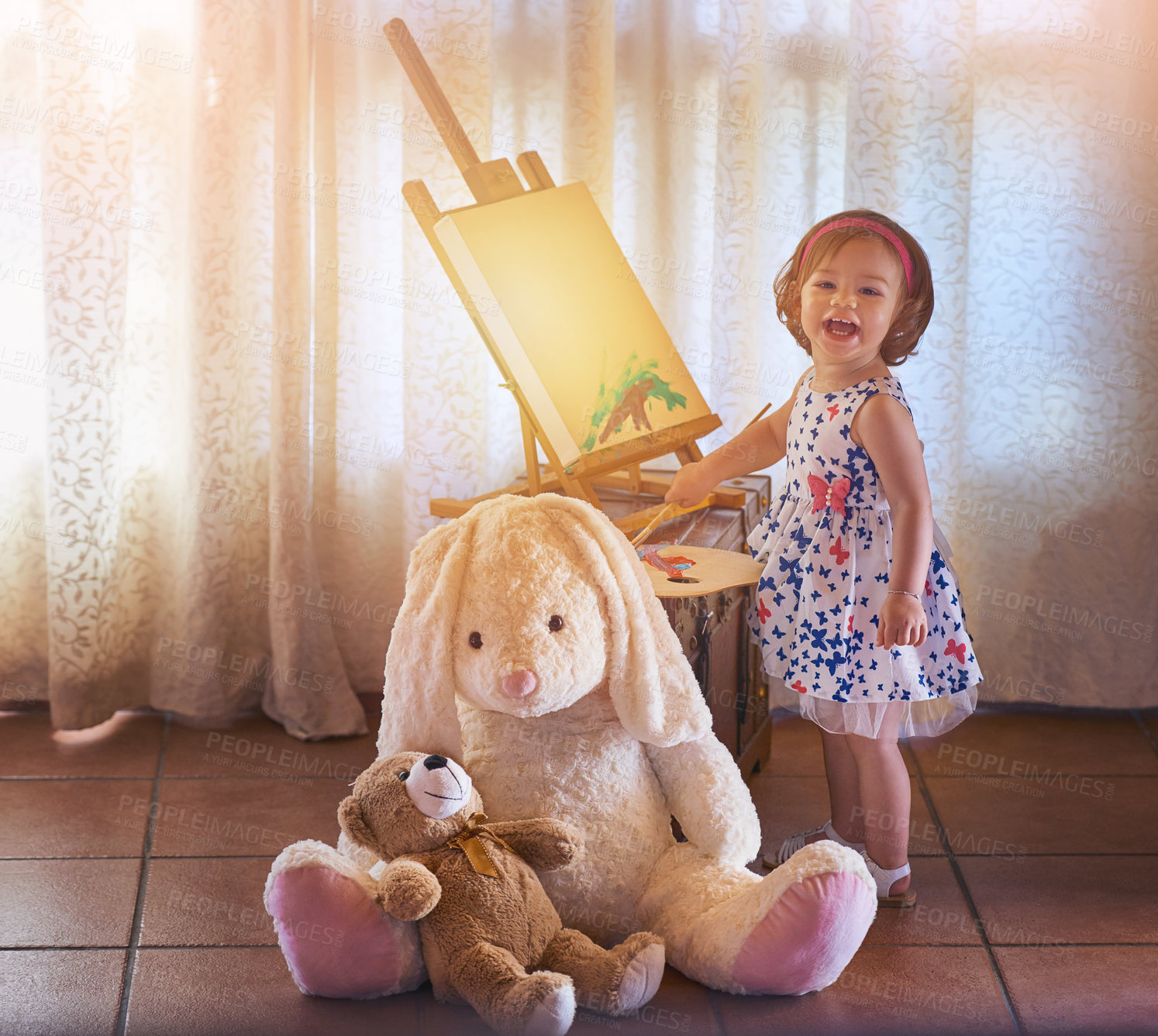 Buy stock photo Portrait, child and painting in bedroom with teddy bear for development, creativity and happy in home. Girl, child and drawing with support, care and canvas with young artist in apartment with toy 