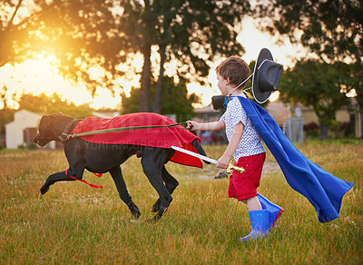 Buy stock photo Shot of a little boy and his dog wearing capes while playing outside