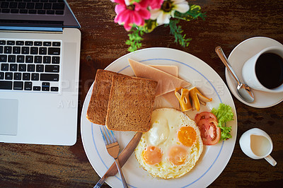 Buy stock photo Empty, breakfast and laptop on table in home with coffee for nutrition, protein or healthy dish in morning. Top view, toast and eggs for eating food, technology and room service with lunch break