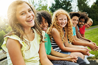 Buy stock photo Friends, smile and portrait of kids in park for outdoor connection, bonding and school trip. Happy, student and children with diversity in nature for childhood, adventure or holiday in Washington dc