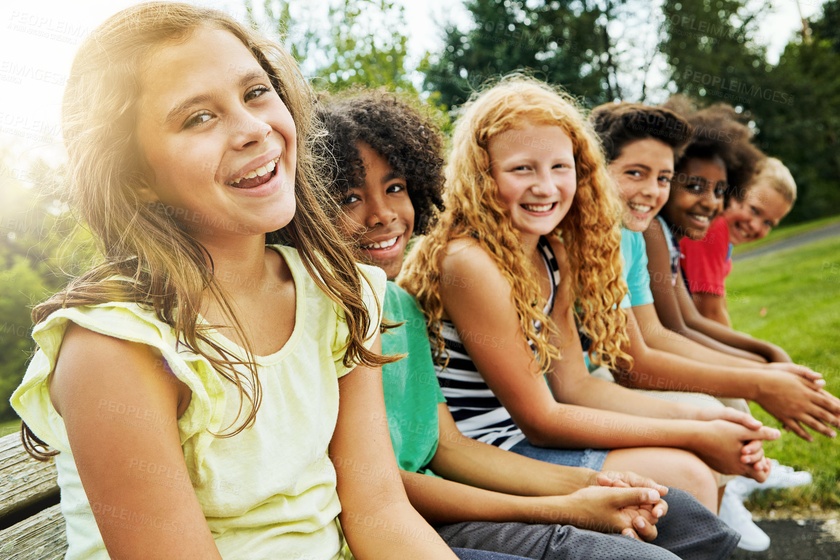 Buy stock photo Friends, smile and portrait of kids in park for outdoor connection, bonding and school trip. Happy, student and children with diversity in nature for childhood, adventure or holiday in Washington dc