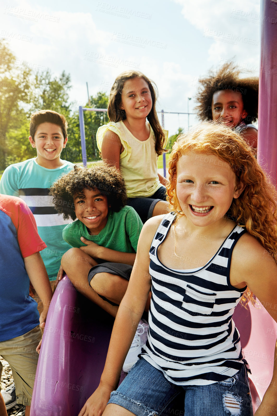 Buy stock photo Kids, park and portrait of group in playground to relax with friends in summer on vacation. Happy, holiday and children together for party, games or smile outdoor at middle school recess or break