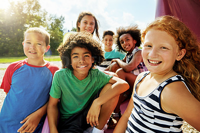 Buy stock photo Children, park and portrait of group in summer to relax with friends on playground on vacation. Happy, holiday and kids together for party, games or smile outdoor at middle school on break at recess