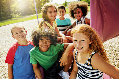 Buy stock photo Children, playground and portrait of group in summer to relax with friends at park on vacation. Happy, holiday and kids at party with games or smile outdoor on break at school recess at academy