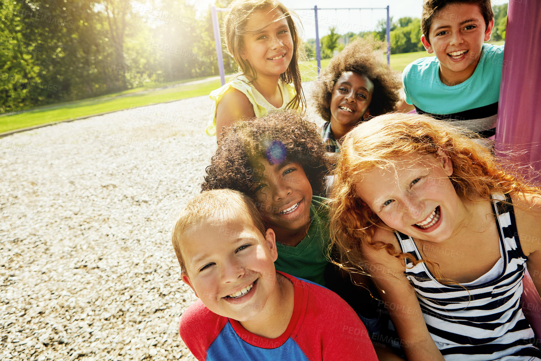 Buy stock photo Children, group and portrait at park in summer to relax with friends at playground on vacation. Happy, holiday and kids together for party, games or smile outdoor at school, academy or recess break