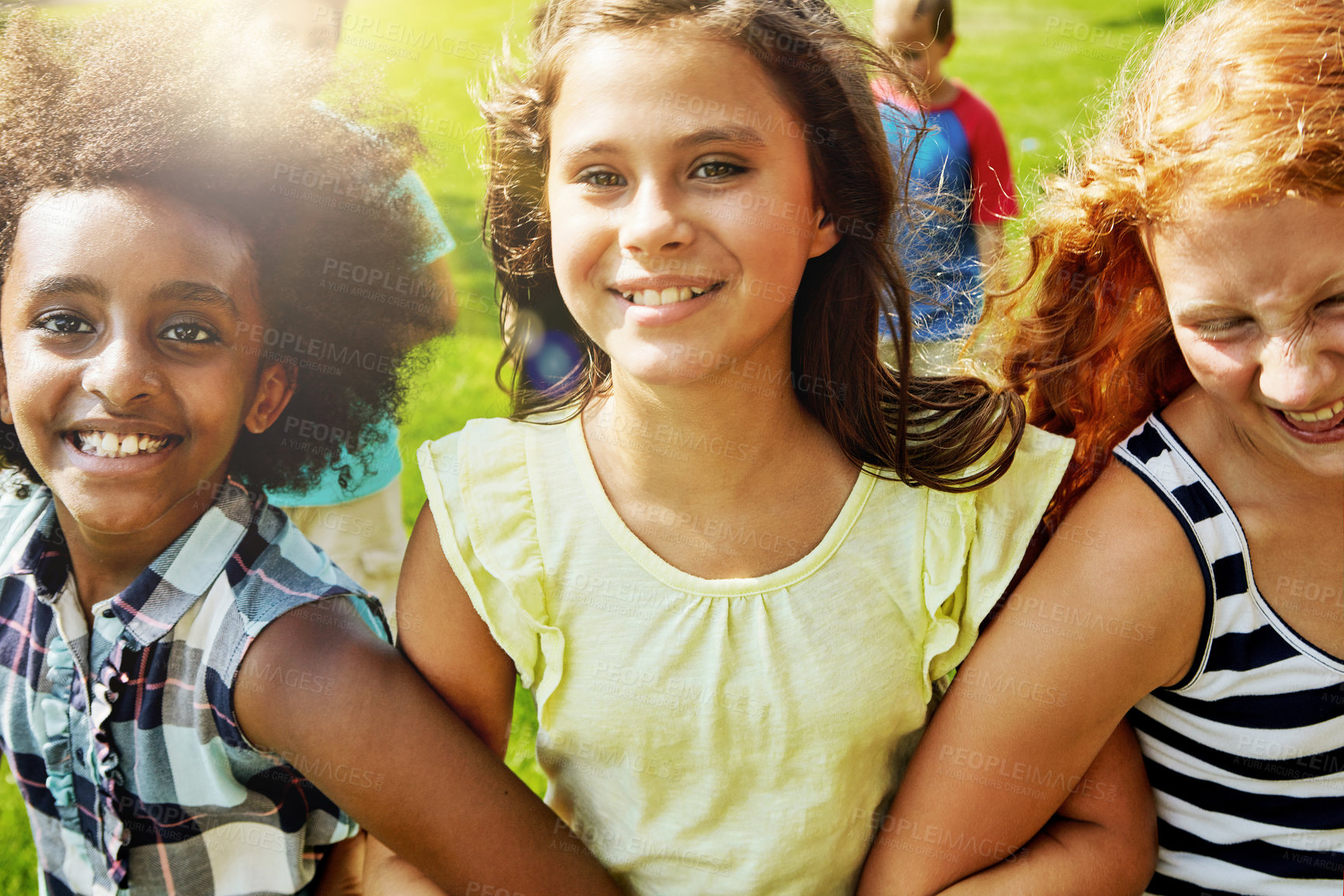 Buy stock photo Portrait of a group of diverse and happy kids hanging out together outside