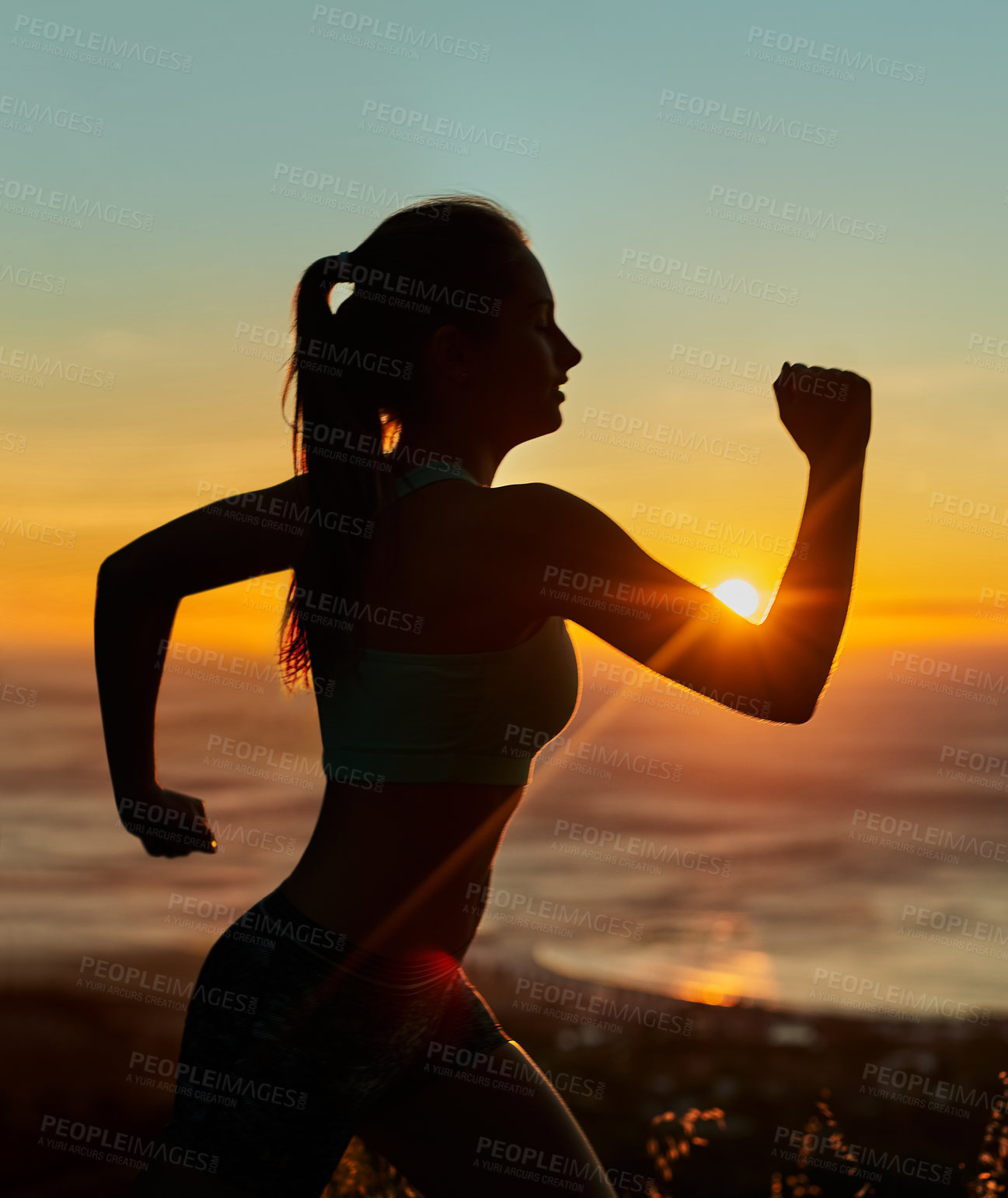 Buy stock photo Woman, fitness and running with silhouette, sunset and workout for training or exercise in nature outdoors. Runner, sport and cardio with mountain, health and marathon activity for endurance