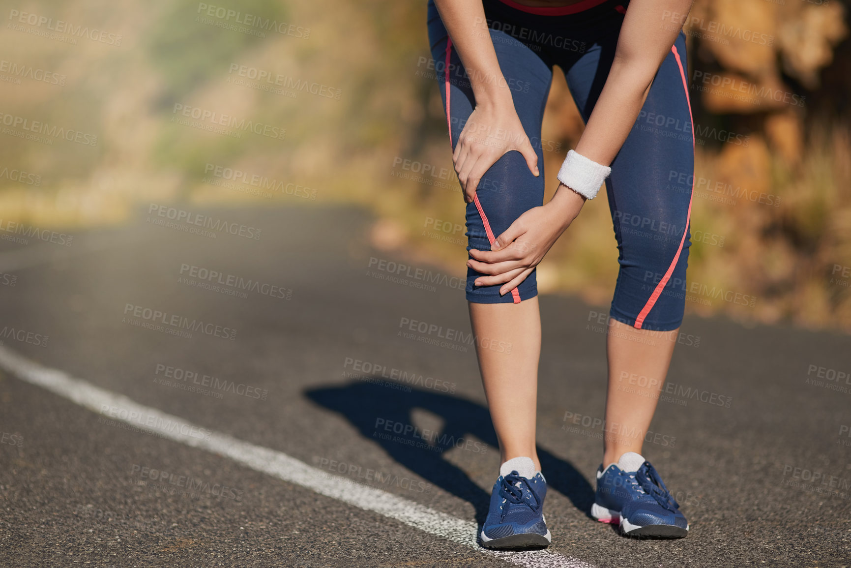 Buy stock photo Running, road or fitness hands with knee pain for training, mistake or exercise accident outdoor. Legs, injury or runner person in street for joint, wound or anatomy, risk and muscle, fail or burnout