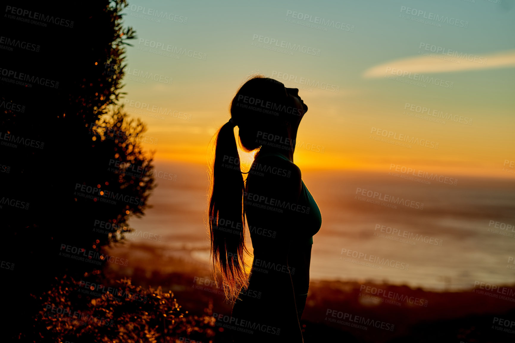 Buy stock photo Morning, sunrise and relax woman silhouette outdoor with break from exercise, fitness and training on the mountain. Nature, wellness and sport workout in the summer with athlete and health by sea