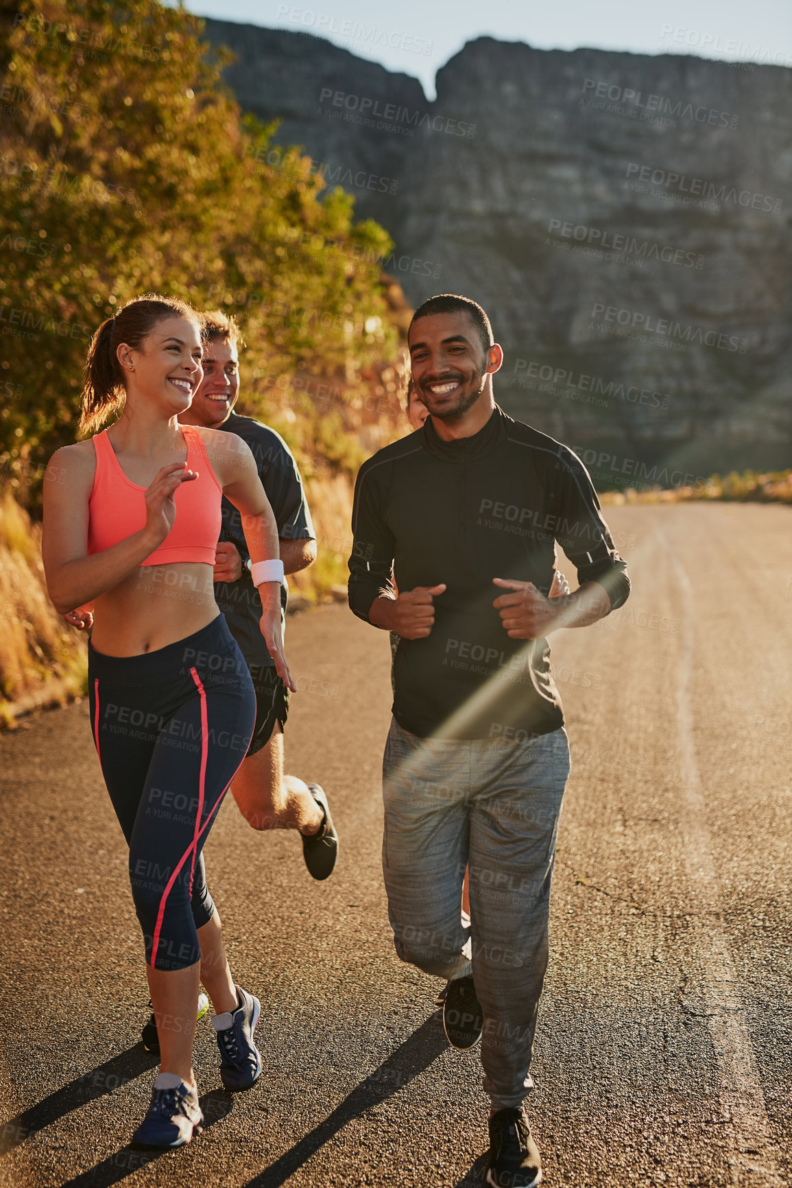 Buy stock photo People, group and mountain running for cardio exercise with friends or morning workout, nature or training. Men, women and marathon practice or fitness community as club for road, support or goals