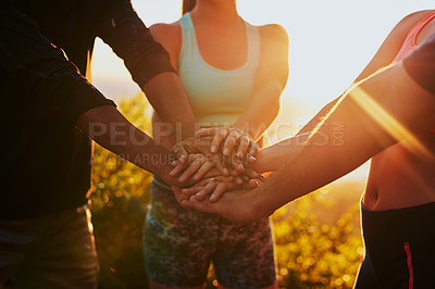 Buy stock photo Hands together, fitness group success and outdoor with goal, workout and teamwork in nature. Exercise, sport and people with hand united for support, training and motivation with solidarity