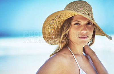 Buy stock photo Travel, space and portrait of woman at beach for summer vacation, tropical and relax mockup. Wellness, nature and holiday with face of female tourist and hat at seaside for sunbathing and paradise