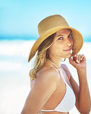 Buy stock photo Happy, space and portrait of woman at beach for summer vacation, tropical and travel mockup. Wellness, nature and holiday with face of female tourist and hat at seaside for sunbathing and paradise