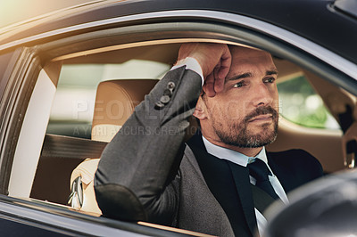 Buy stock photo Businessman, professional and thinking or driving in car for commute to corporate work or job as entrepreneur of company. Man, motor vehicle and daily journey with transportation, trip and travel.