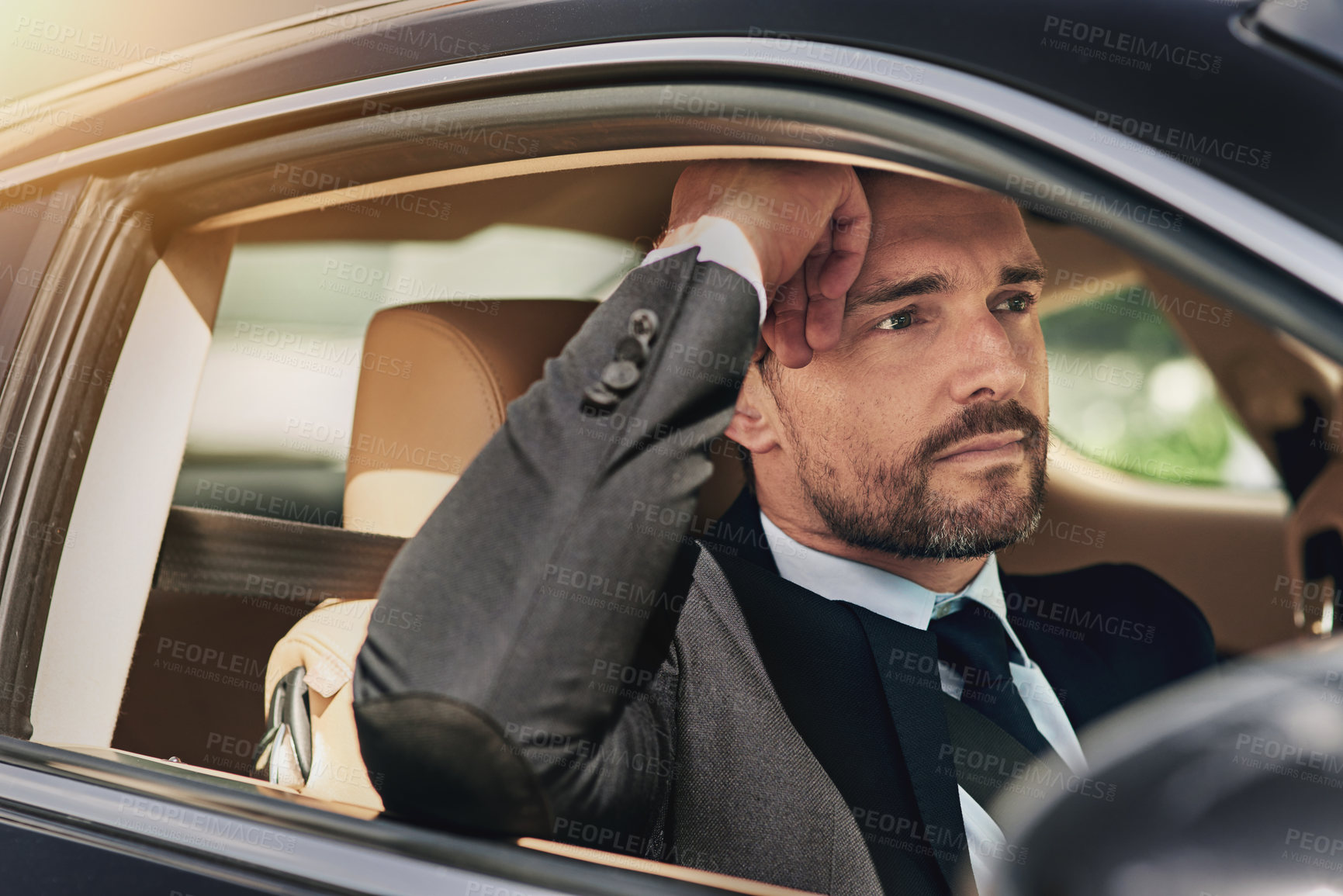 Buy stock photo Businessman, professional and thinking or driving in car for commute to corporate work or job as entrepreneur of company. Man, motor vehicle and daily journey with transportation, trip and travel.