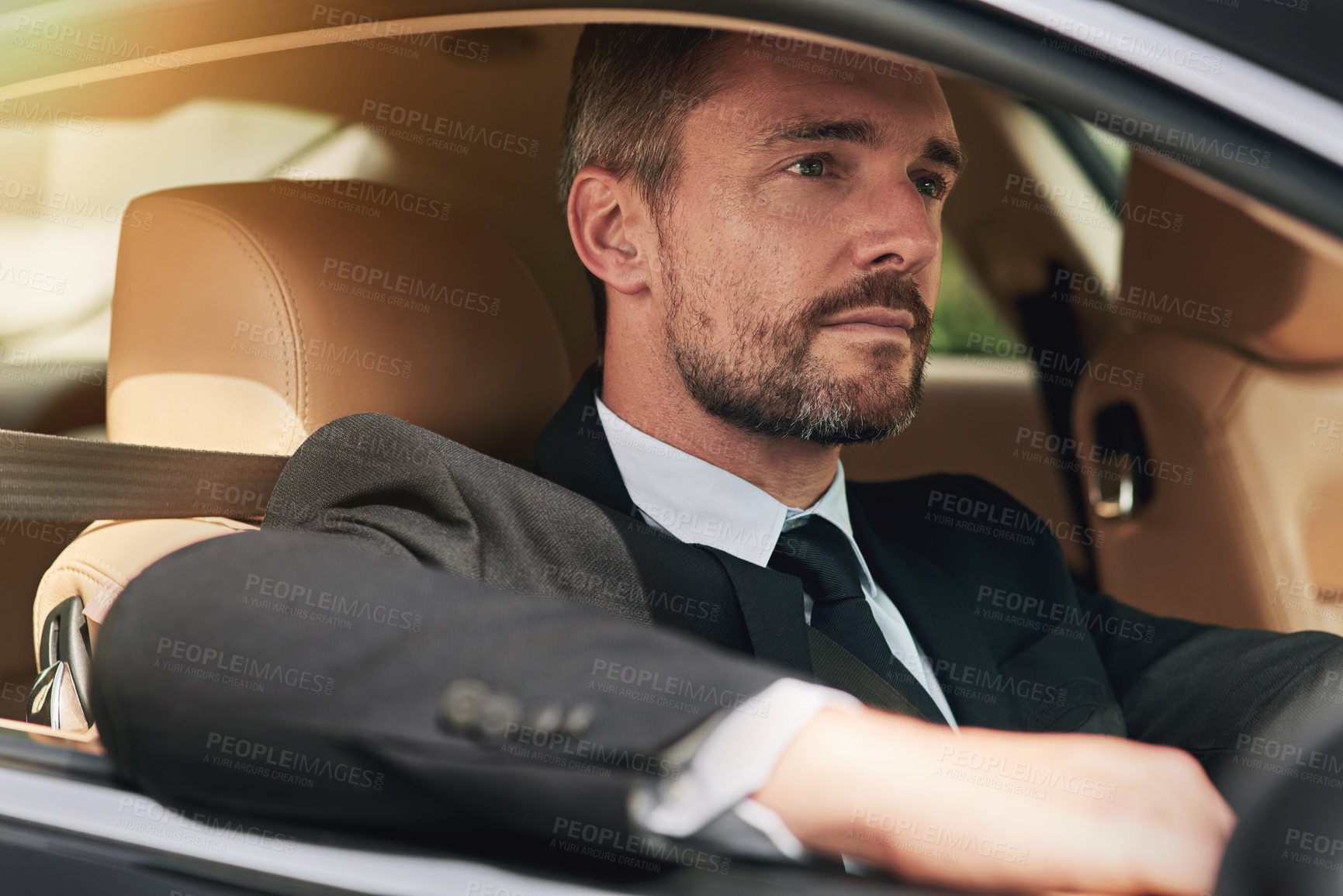 Buy stock photo Businessman, thinking and driving in car for travel for commute to corporate work or job as entrepreneur of company. Man, motor vehicle and daily journey with transportation, traffic and on route.