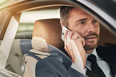 Buy stock photo Businessman, car and phone call for travel, business and work with company client or contact. Corporate lawyer, taxi and communication with law firm shareholders for contract, merger and acquisition