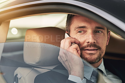 Buy stock photo Businessman, phone call and car for travel, business and work with company client or contact. Corporate lawyer, taxi and communication with law firm shareholders for merger, contract and acquisition