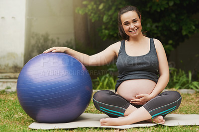 Buy stock photo Full length portrait of an attractive young pregnant woman exercising outside