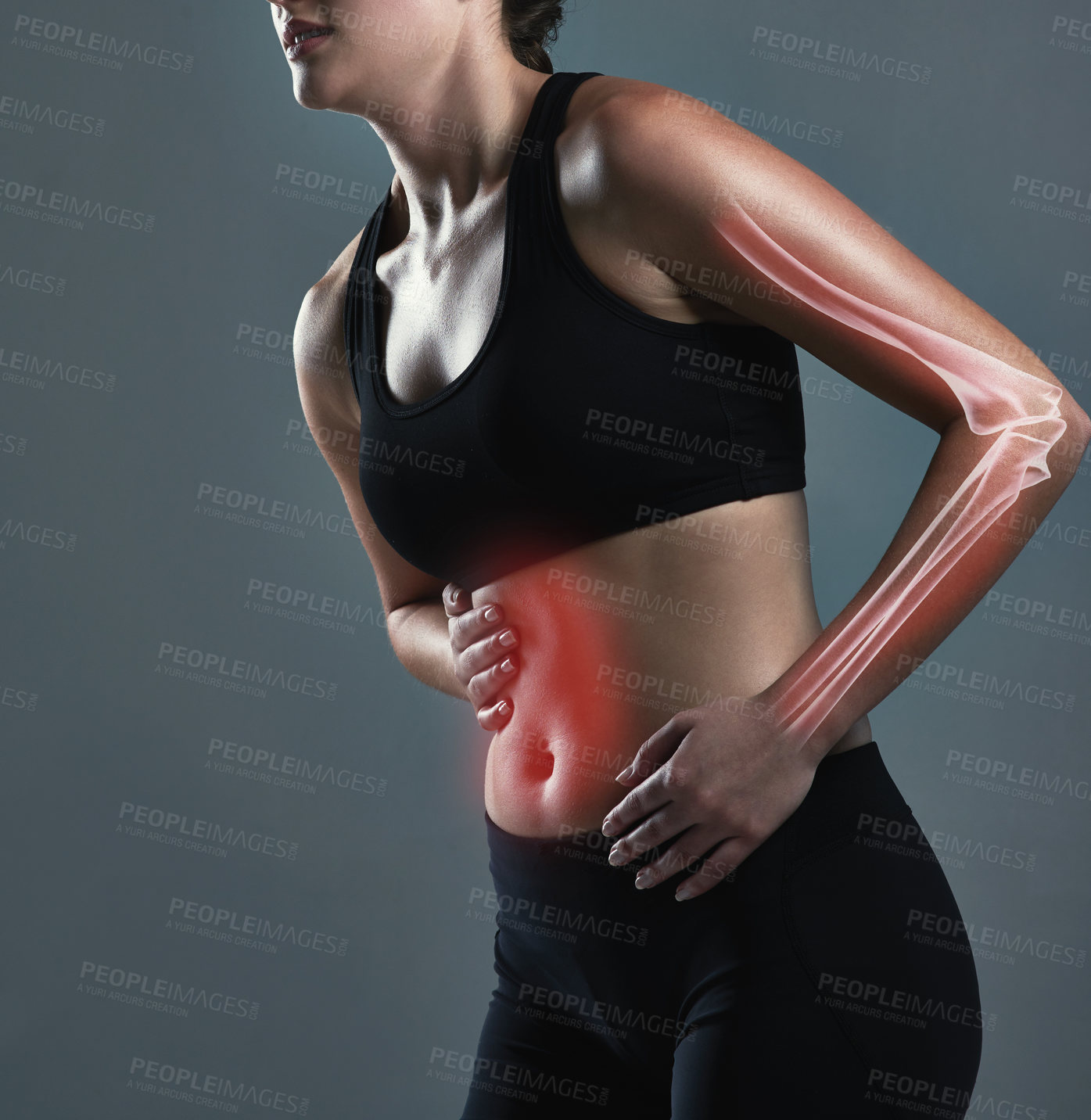 Buy stock photo Fitness, stomachache and woman in studio with pain, indigestion or constipation on gray background. Red overlay, double exposure and female person with glow for discomfort, gut health or arm injury