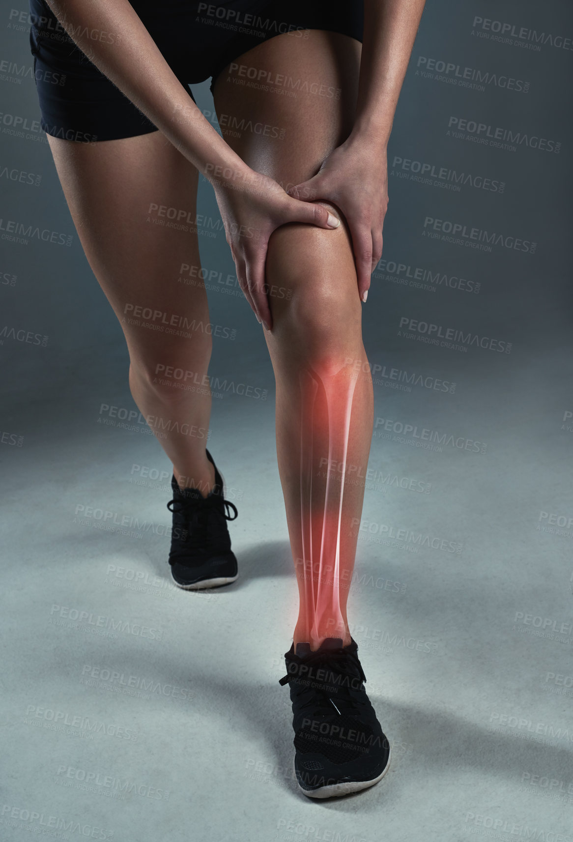 Buy stock photo Studio, athlete and legs with knee pain or injury with inflammation from exercise and workout. Female person, muscle ache and hurt from fitness, self care and wellness with wellbeing for health