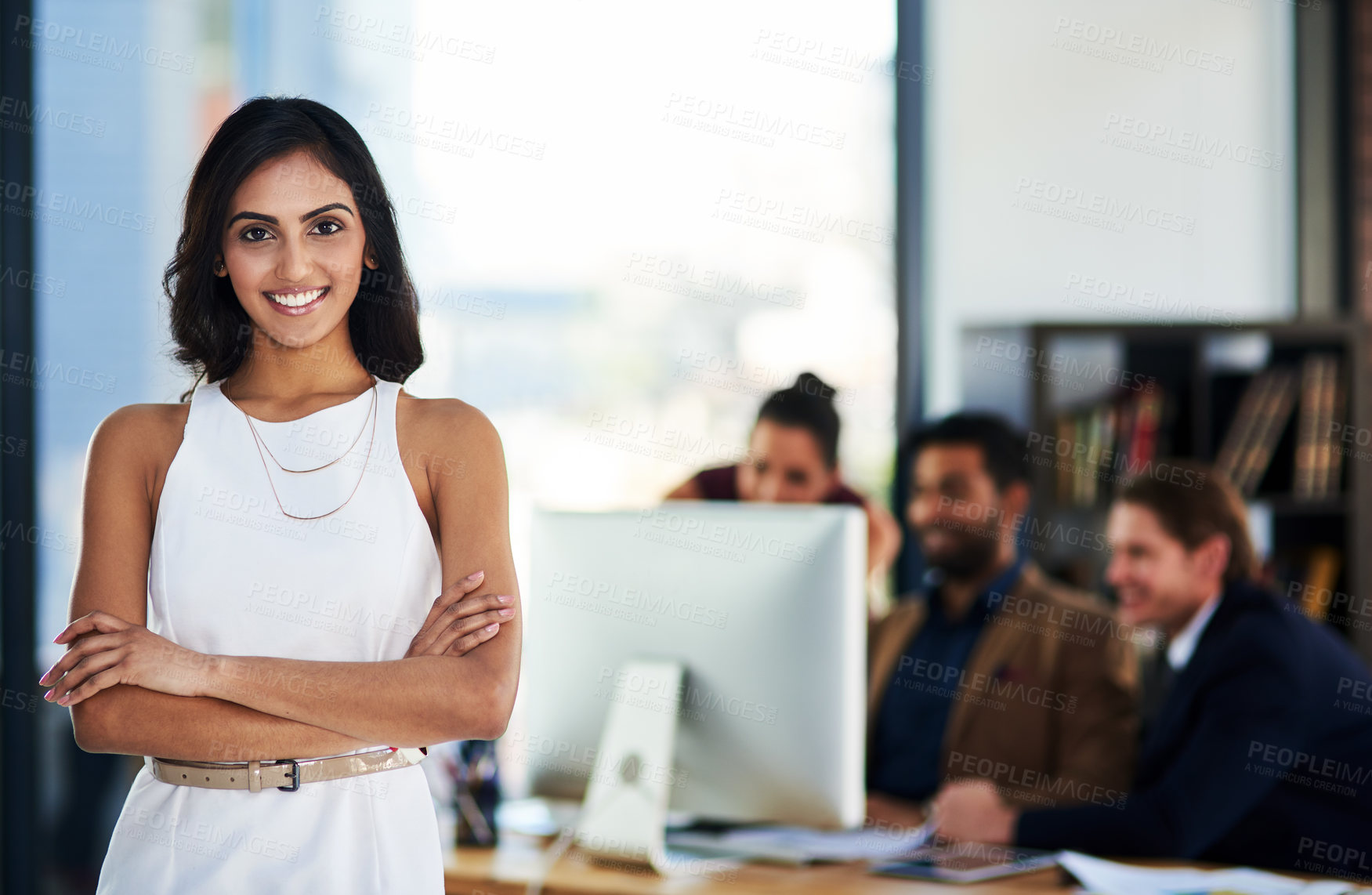 Buy stock photo Business woman, portrait and confident in office for work, company and job with smile. Indian employee, happy and crossed arms in corporate workplace for empowerment, pride and career or success