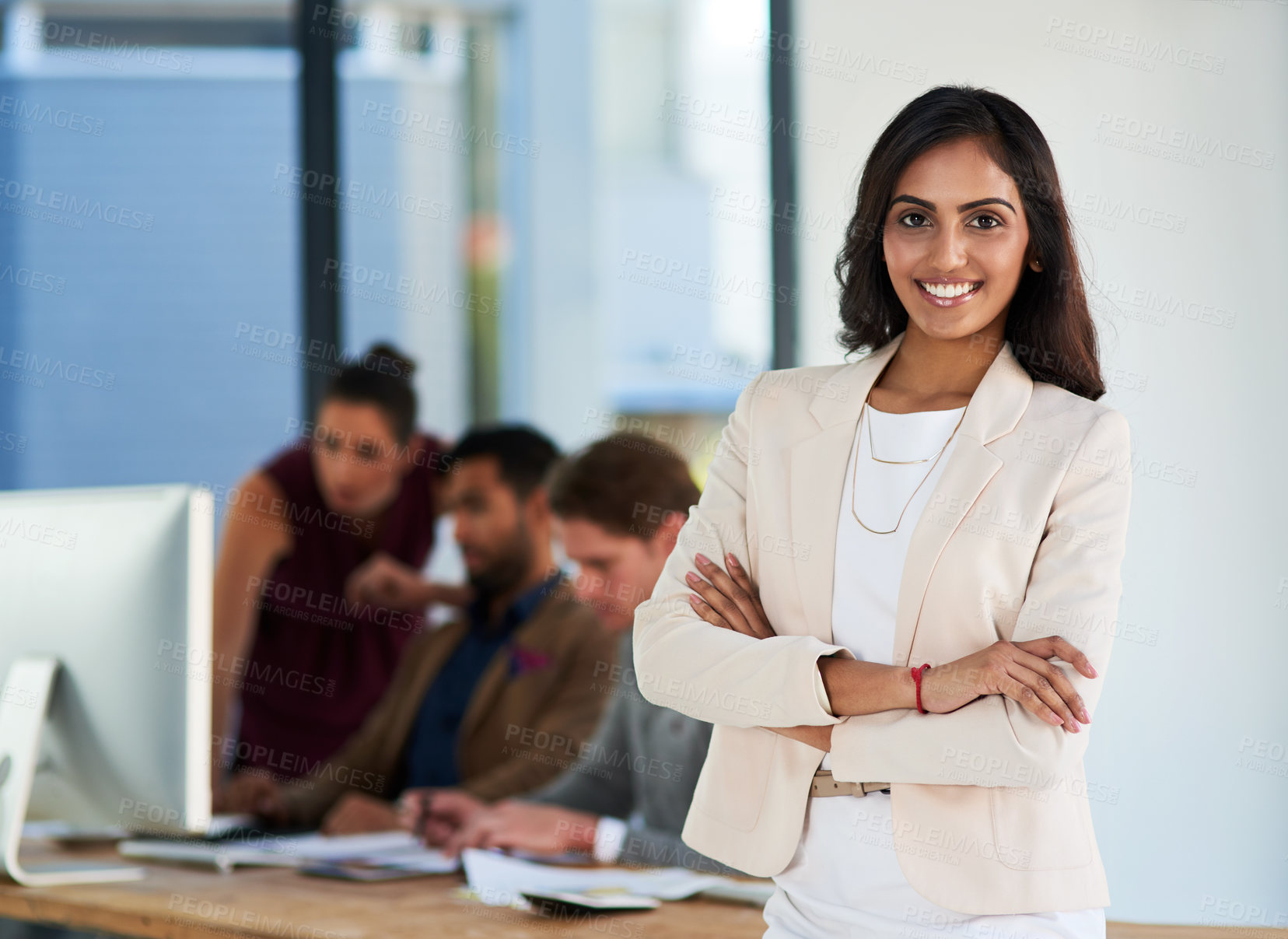Buy stock photo Business woman, portrait and confident in office for work, company and job with smile. Indian lawyer, happy and crossed arms in corporate workplace for empowerment, pride and success or career