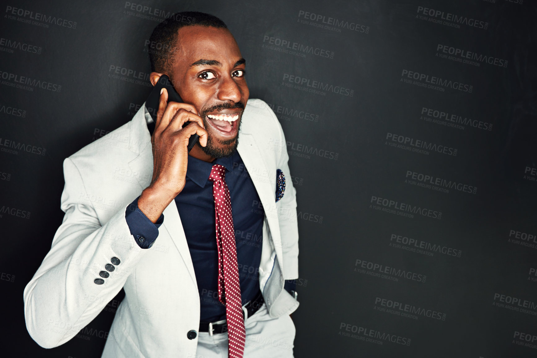 Buy stock photo Black man, lawyer and happy with phone call in studio on dark background with job offer or interview. Mockup, business and surprised with communication, networking and conversation for good news