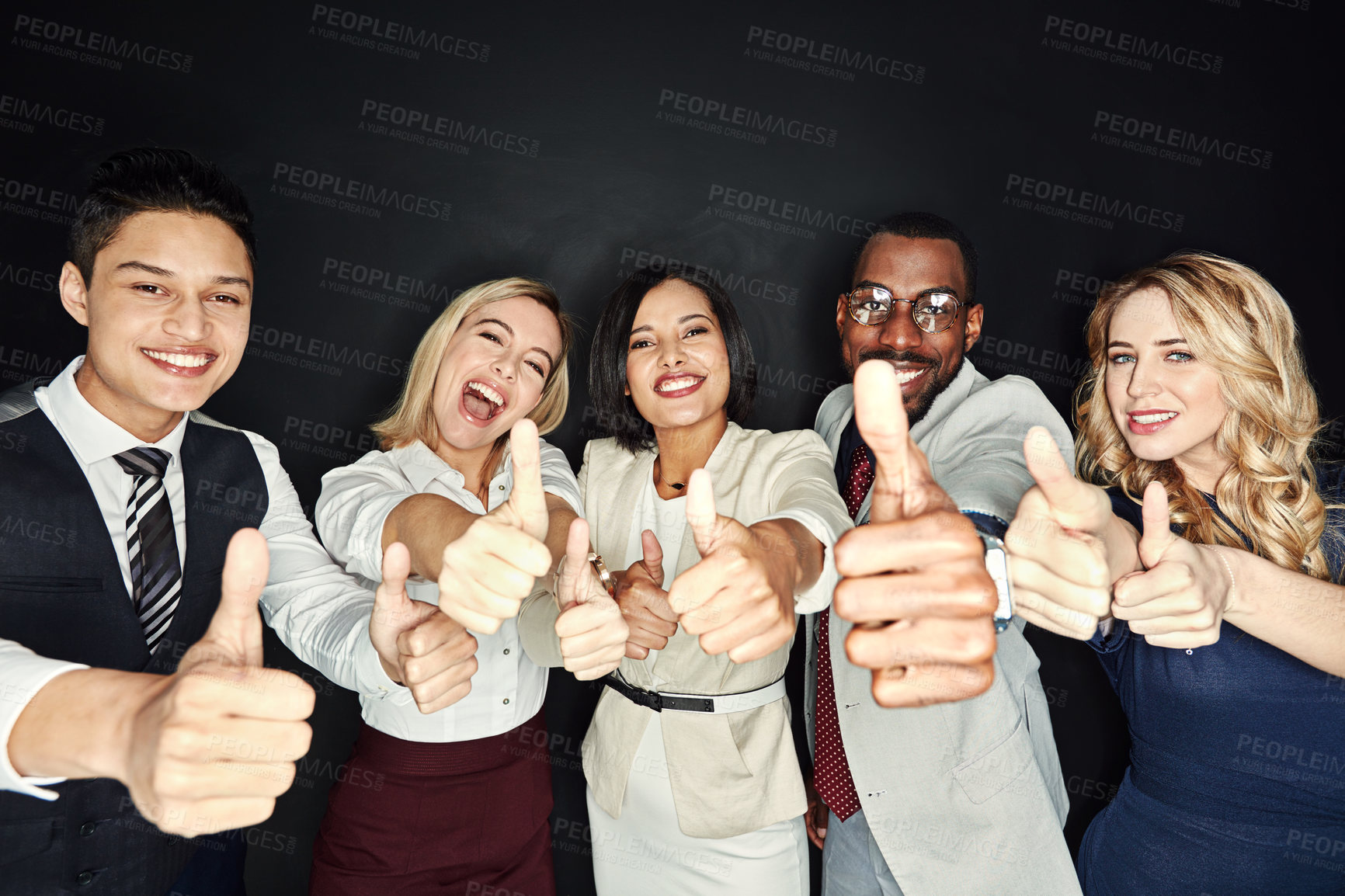 Buy stock photo Business, people and happy with thumbs up in studio on dark background for career growth or opportunity. Portrait, teamwork and collaboration with smile or excited and cheerful for project success