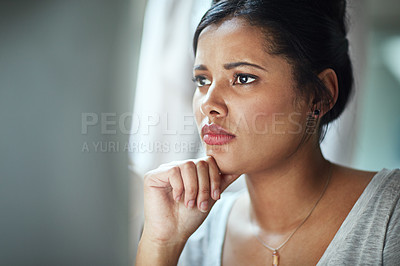 Buy stock photo Stress, anxiety and worried business woman online in office with deadline, problem or internet crisis. Risk, worry and face of female person reading email of phishing, scam or 404 notification 