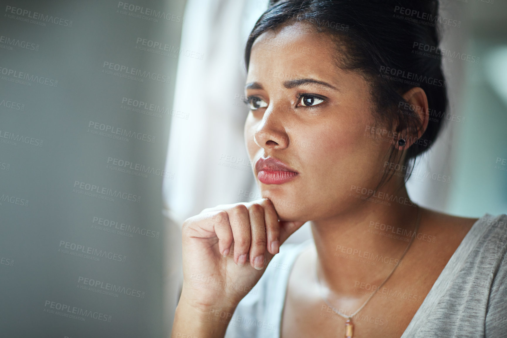 Buy stock photo Stress, anxiety and worried business woman online in office with deadline, problem or internet crisis. Risk, worry and face of female person reading email of phishing, scam or 404 notification 