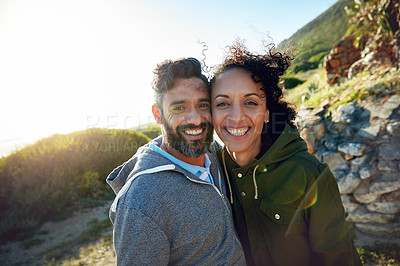 Buy stock photo Shot of people hiking in the morning