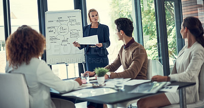 Buy stock photo Cropped shot of a businesswoman giving a presentation to her colleagues in the boardroom