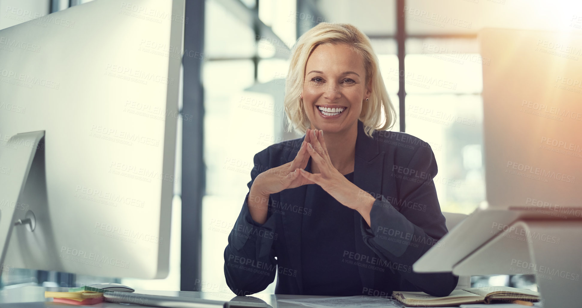 Buy stock photo Portrait of a happy businesswoman working at her desk in a modern office