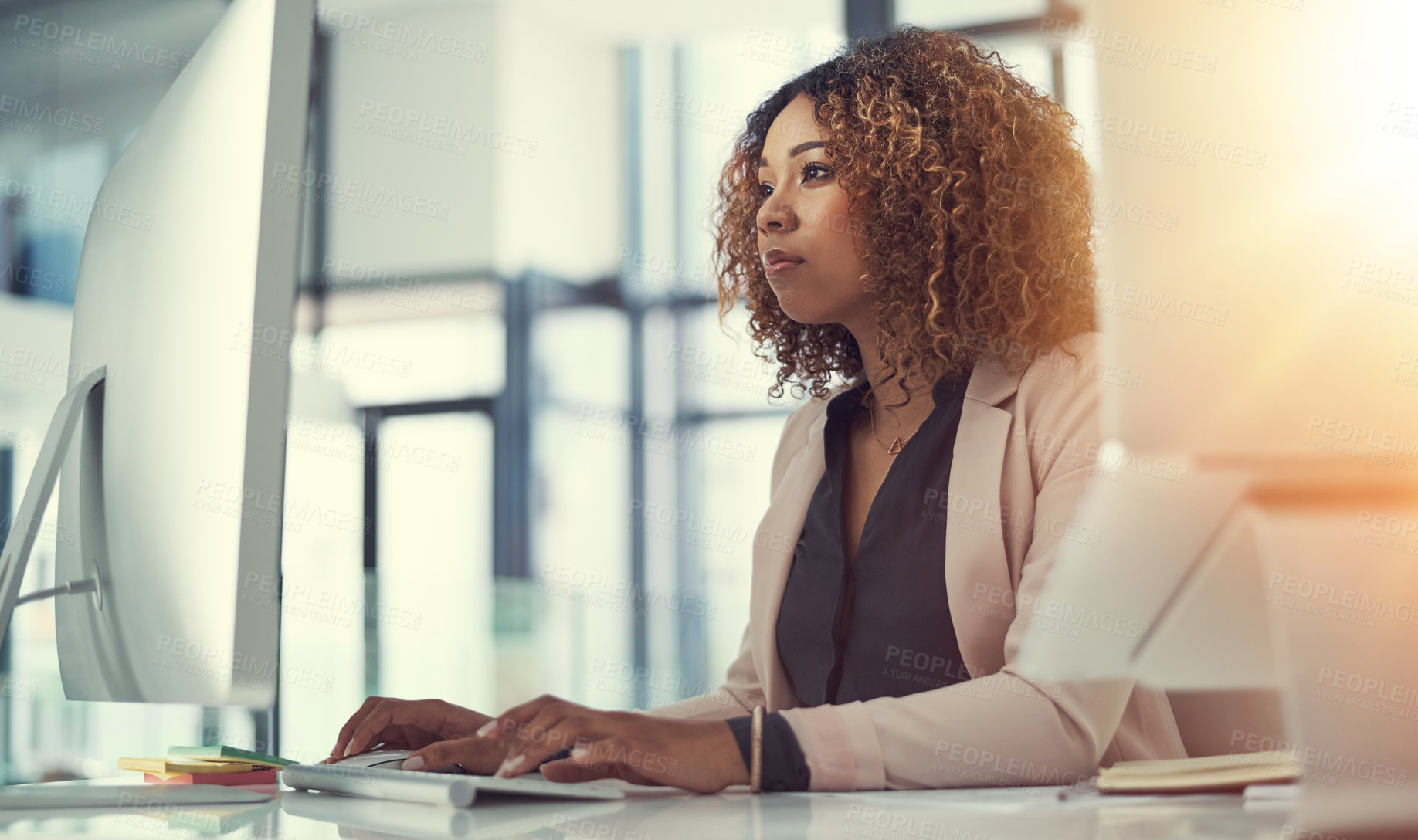 Buy stock photo Research, typing and computer with business woman for online report, credit portfolio and loan application. Bank policy, planning and feedback with African employee in finance firm with lens flare