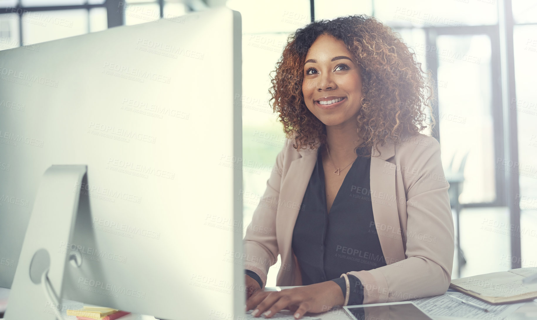 Buy stock photo Thinking, computer and business woman in office for idea, credit portfolio and loan application. Bank policy, reflection and feedback with African employee in finance firm for planning and vision