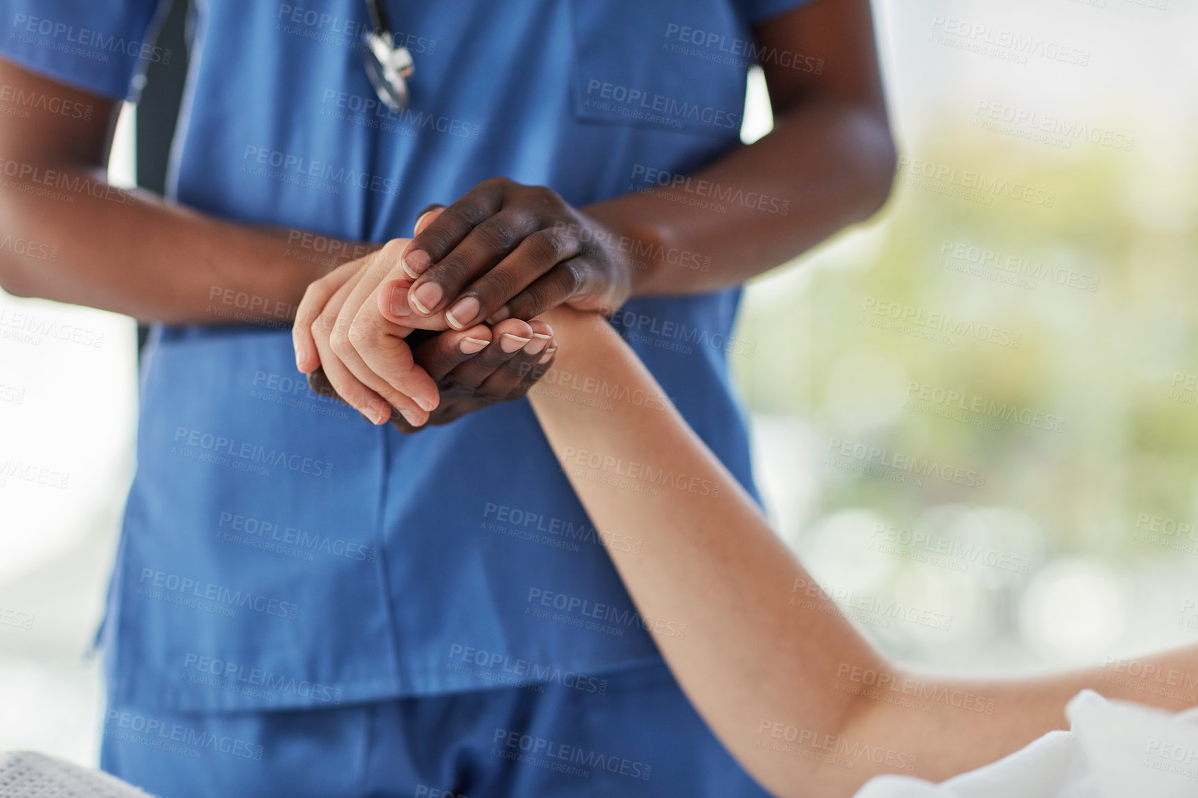 Buy stock photo Doctor, patient and hands with empathy for support, kindness and comfort for medical procedure in hospital. Gratitude, person and healthcare expert with help gesture and sorry for cancer diagnosis
