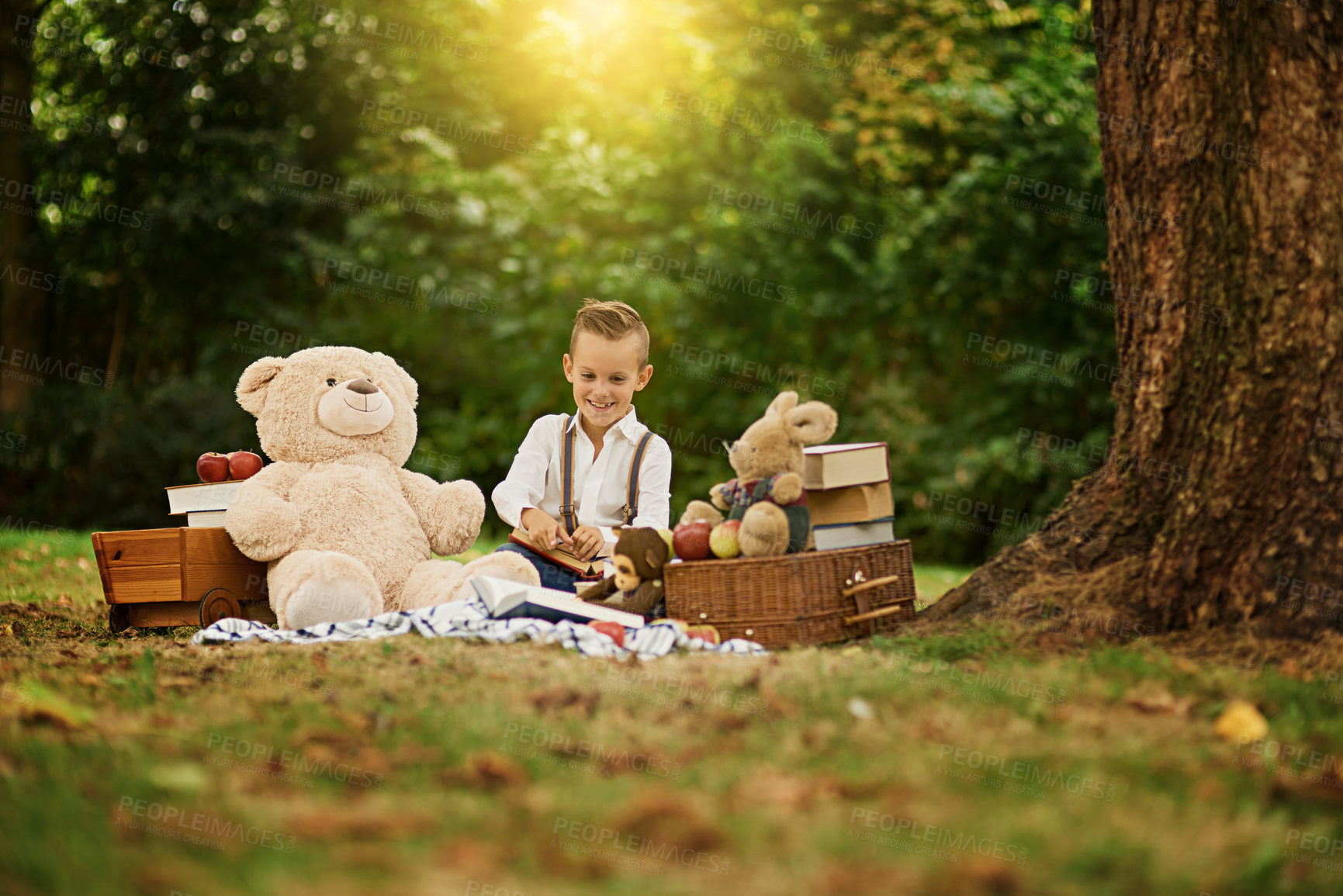 Buy stock photo Shot of a little boy reading to his toys while out in the woods