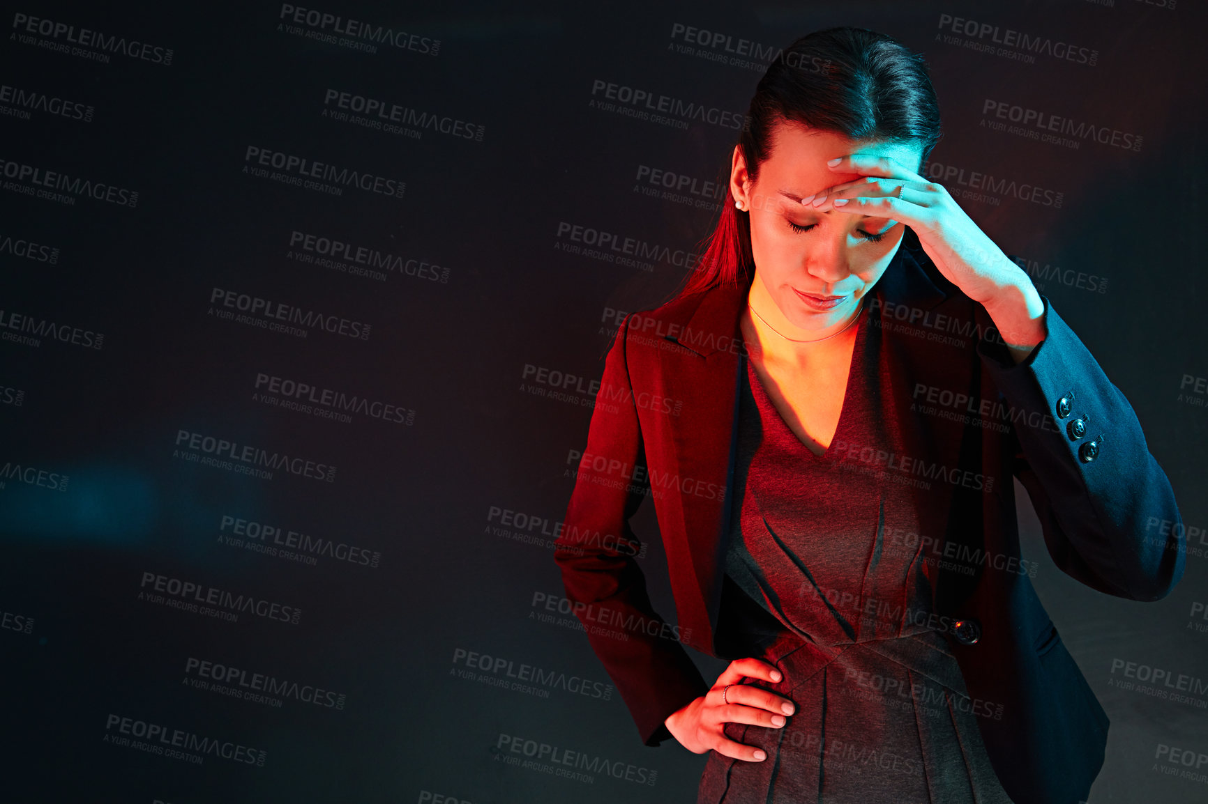 Buy stock photo Employee, stress and woman with headache, studio or thinking of job termination and black background. Mockup space, reflection and person with migraine for bad news, disappointed and unemployment