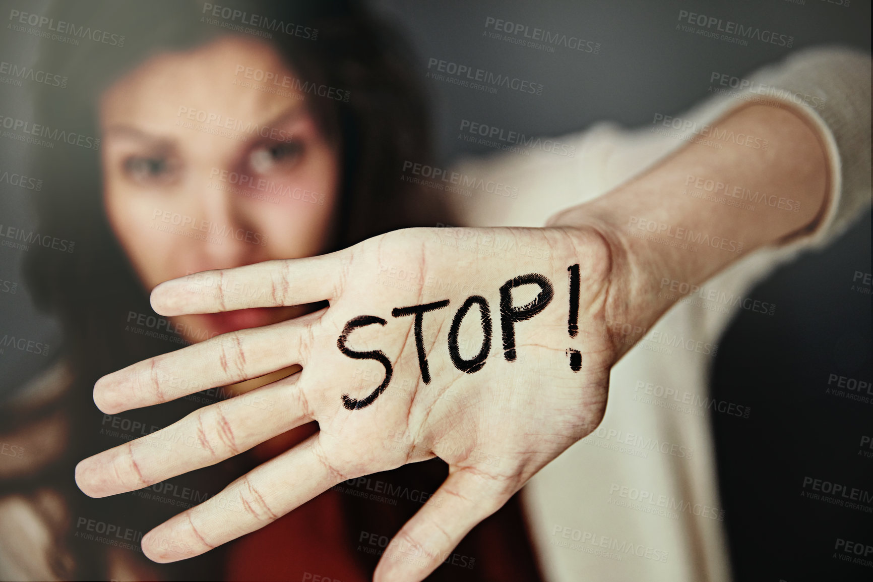 Buy stock photo Portrait, woman and hand with stop, fear and protection with emotion, scared and crime with domestic violence. Face, person and girl with gesture, reject and warning with reaction, defense and sad