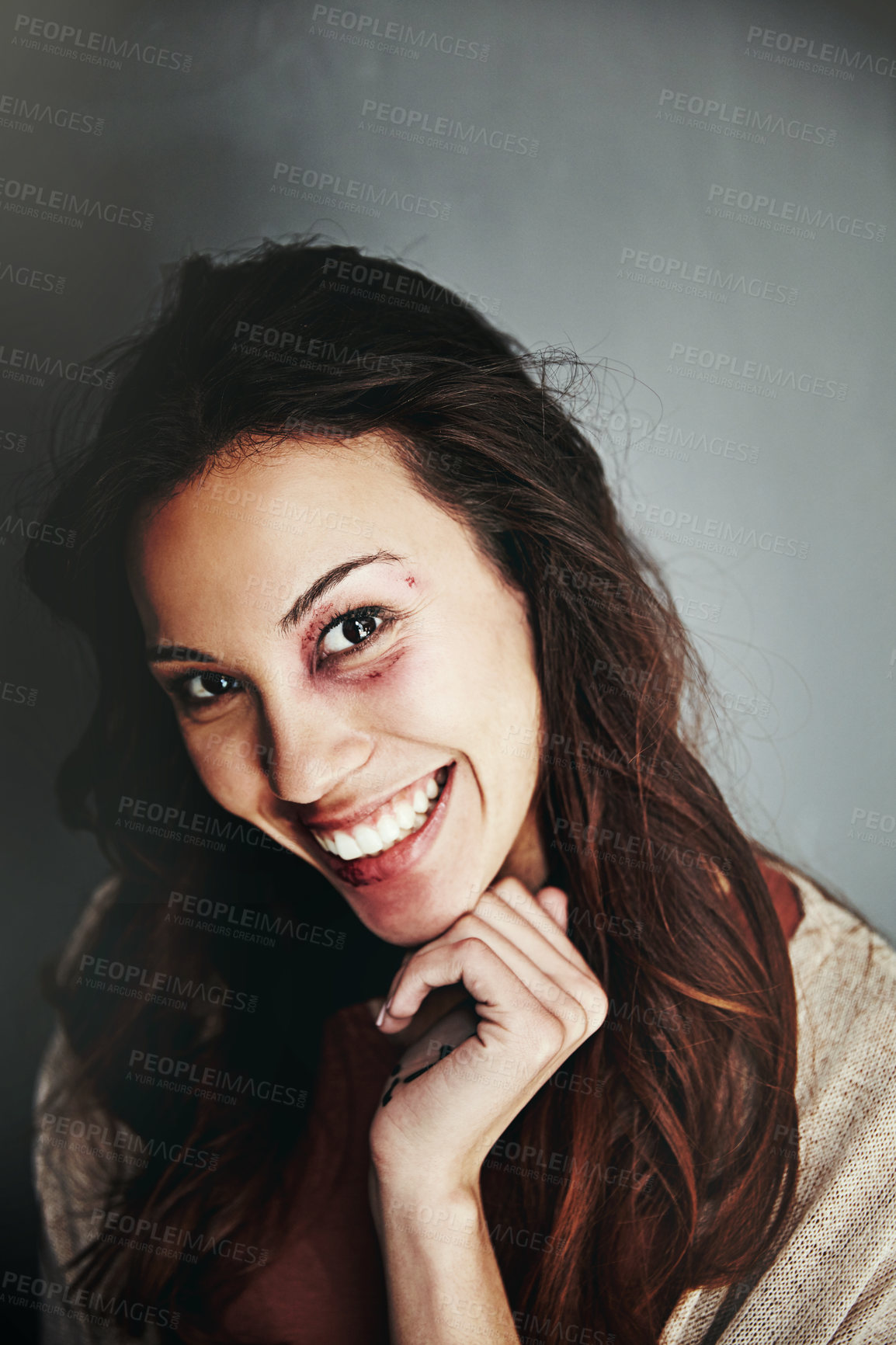 Buy stock photo Cropped portrait of a beaten and bruised young woman