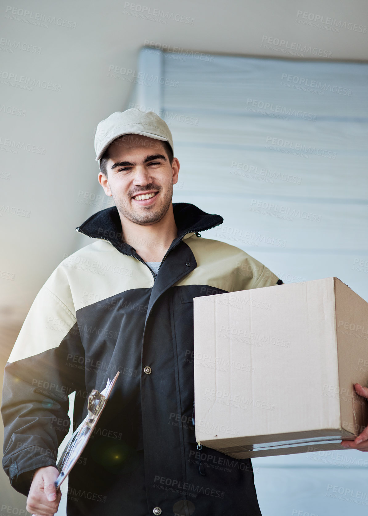 Buy stock photo House, delivery and portrait of man with package, courier and trust service with stock logistics. Checklist, inventory and worker transport box to customer in safe shipping, mail or supply chain