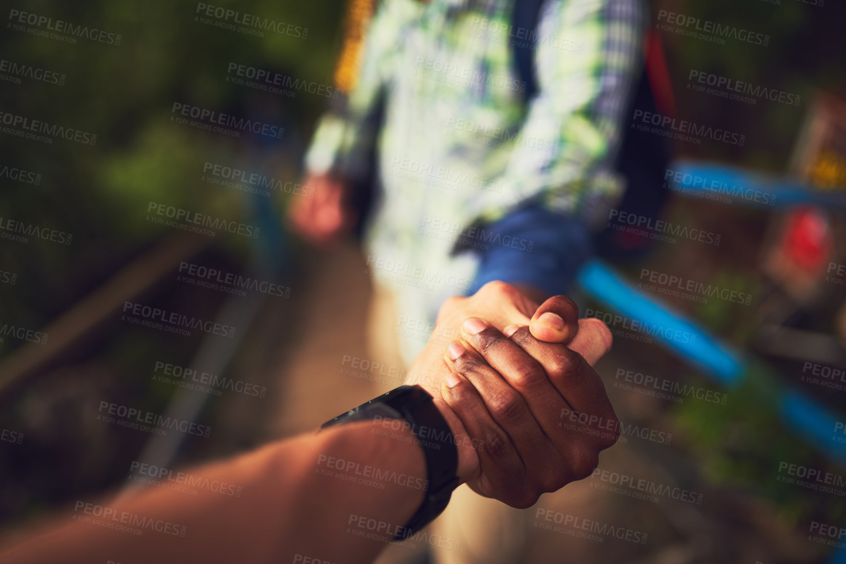 Buy stock photo People, holding hands and mountain hike or helping friends  for support or exercise challenge, trekking or fitness. Athlete, stairs and together in nature forest with adventure, tourism or travel