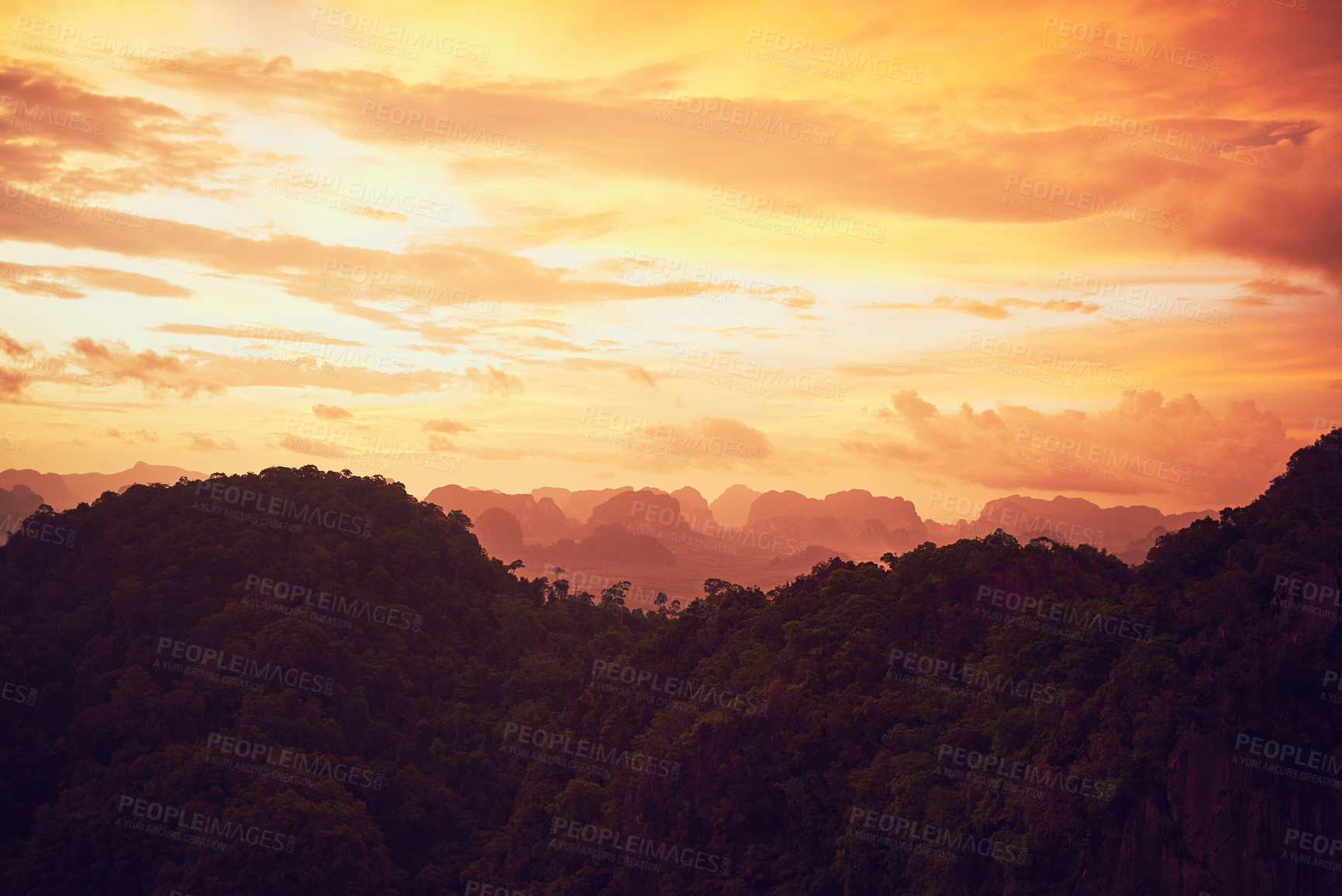 Buy stock photo Mountain, landscape and nature sunset or tree environment with morning horizon, countryside or valley. Greenery, view and outdoor evening or sky clouds with plants field or wilderness, calm or bush